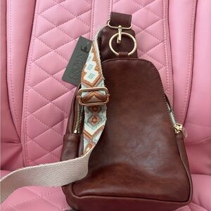 Crown Vintage Leather Backpack with Geometric Strap